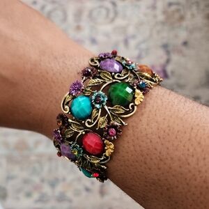 Multicolor Gemstone Floral Statement Bracelet Gold Tone Cluster Bold